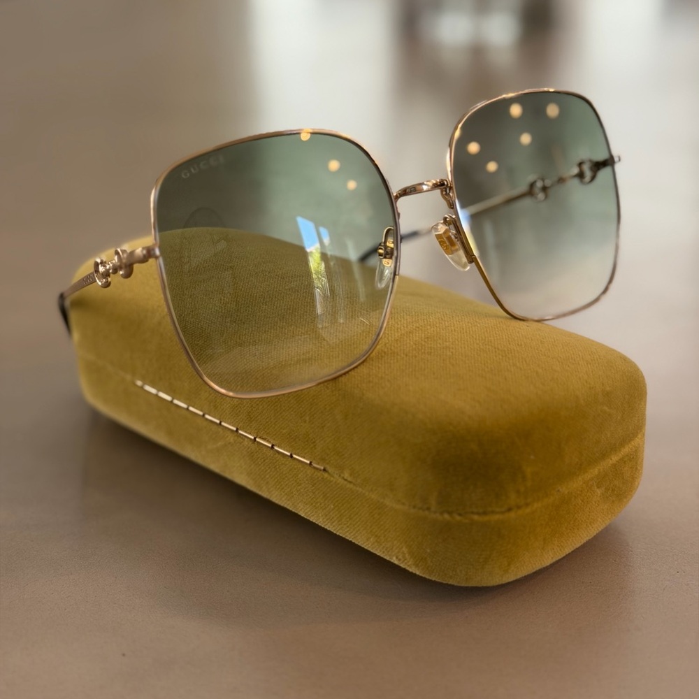 Gucci Gold Metal Frame with Green Gradient Lenses Square Sunglasses
